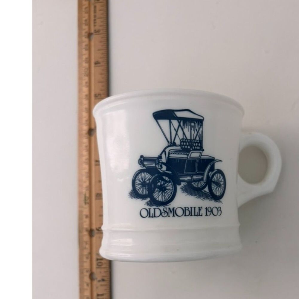vtg surrey milk glass shaving mug featuring 1903 Oldsmobile
